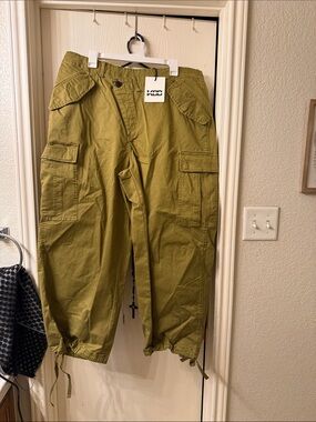 KBB by Kahlana Olive Green Wide-Leg Cargo Jeans with Drawstring Hem